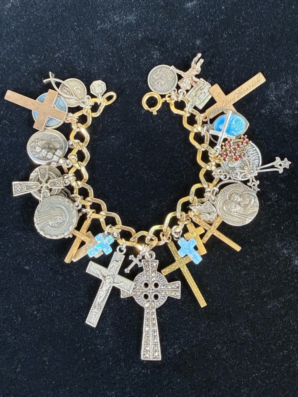Vintage Religious Christian Sterling Silver Gold Filled Charm Bracelet Cross